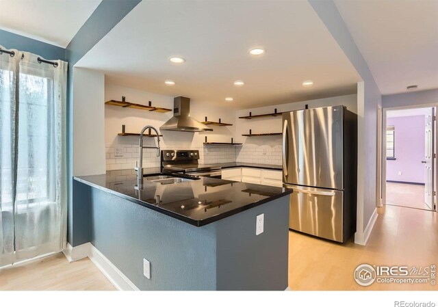 5918 Gunbarrel Ave Unit B, Boulder, CO 80301 - kitchen with appliances with stainless steel finishes, open shelves, wall chimney range hood, light wood-style flooring, and recessed lighting