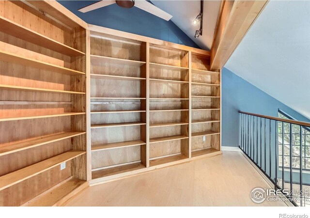 5918 Gunbarrel Ave Unit B, Boulder, CO 80301 - stairway with vaulted ceiling, wood finished floors, and a ceiling fan
