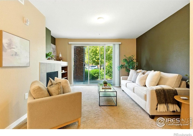 2450 Windrow Dr Unit E106, Fort Collins, CO 80525 - carpeted living room with a fireplace and baseboards