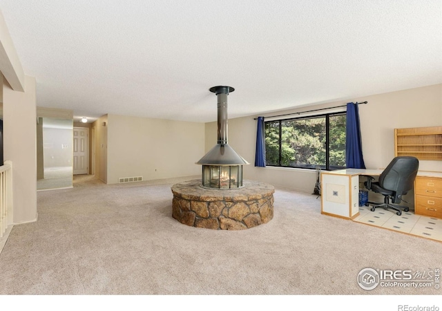 1323 Horizon Ln, Longmont, CO 80501 - living area with a wood stove, carpet flooring, an office area, and a textured ceiling
