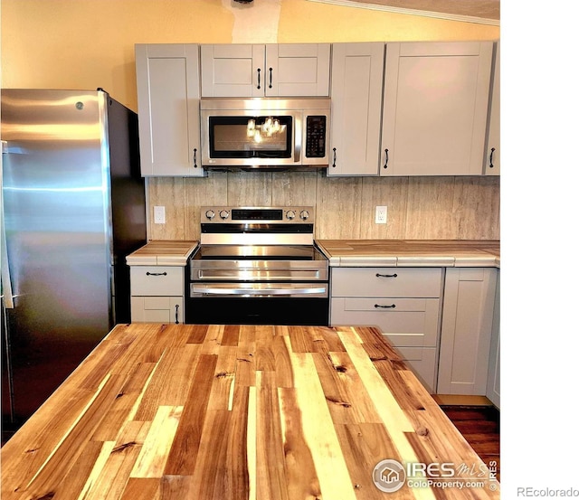18082 County Road 25, Brush, CO 80723 - kitchen featuring butcher block counters, stainless steel appliances, decorative backsplash, and gray cabinetry
