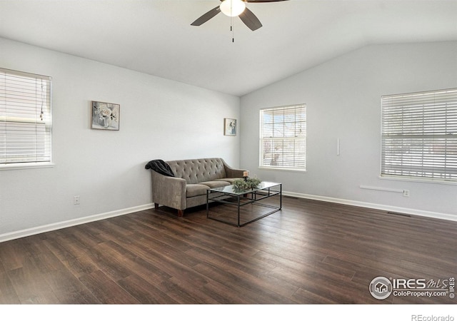 3536 38th Ave, Evans, CO 80620 - sitting room with a ceiling fan, dark wood-style floors, and lofted ceiling