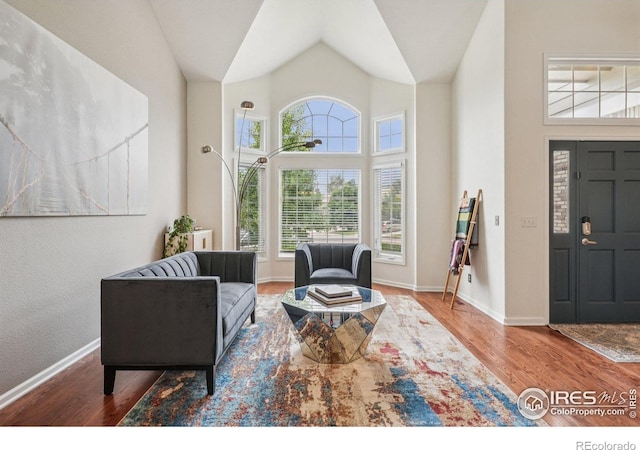 345 Onyx Way, Superior, CO 80027 - living area featuring healthy amount of natural light, wood finished floors, and high vaulted ceiling