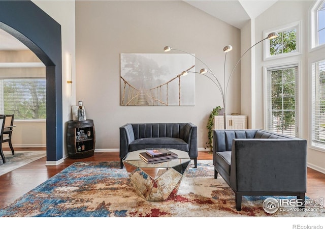 345 Onyx Way, Superior, CO 80027 - living room featuring arched walkways, wood finished floors, and a high ceiling