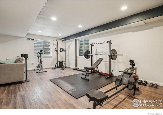 345 Onyx Way, Superior, CO 80027 - workout room with wood finished floors and recessed lighting