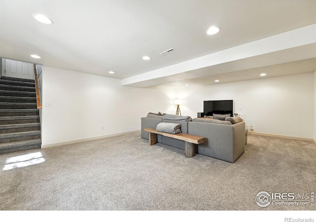 1217 Sycamore St, Fort Collins, CO 80521 - living room featuring carpet flooring, recessed lighting, and stairs