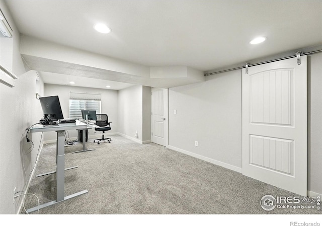 1217 Sycamore St, Fort Collins, CO 80521 - home office featuring carpet, recessed lighting, and a barn door