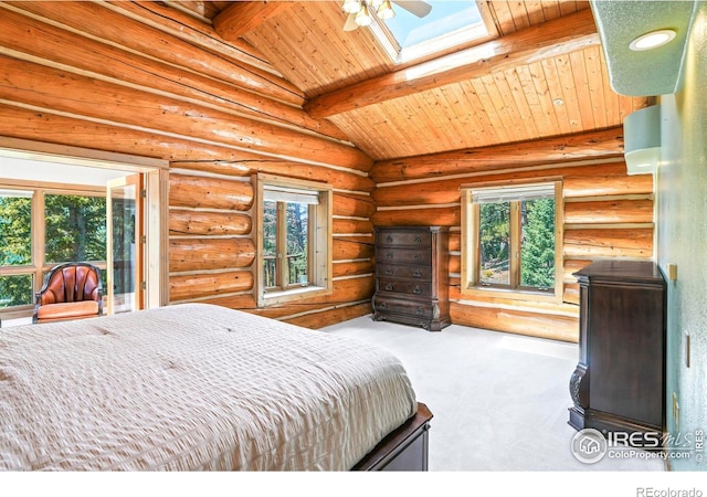 24043 Eagle Cliff Trl, Conifer, CO 80433 - bedroom with a skylight, wooden ceiling, carpet flooring, and log walls