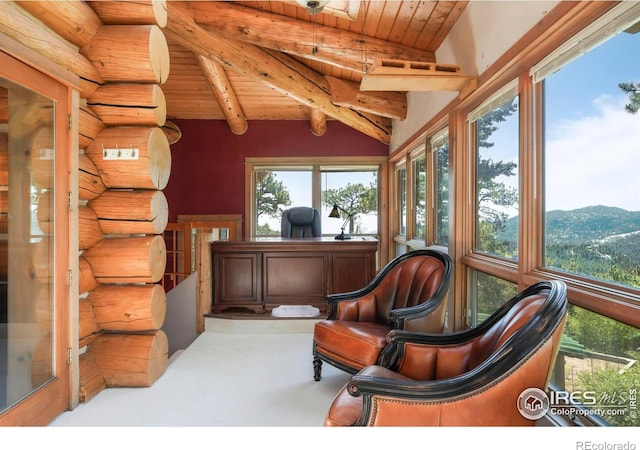 24043 Eagle Cliff Trl, Conifer, CO 80433 - sunroom with a wooden ceiling with exposed beams, carpet flooring, and plenty of natural light
