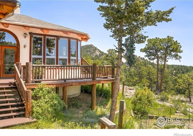 24043 Eagle Cliff Trl, Conifer, CO 80433 - wooden deck featuring stairs and a mountain view
