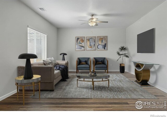 2310 Angus St, Mead, CO 80542 - living room with ceiling fan and wood finished floors
