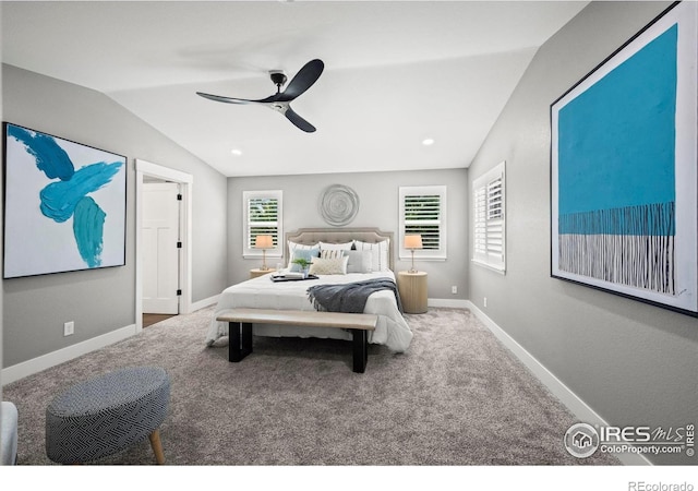 2384 Ponderosa Pl, Erie, CO 80516 - carpeted bedroom with lofted ceiling, a ceiling fan, and recessed lighting