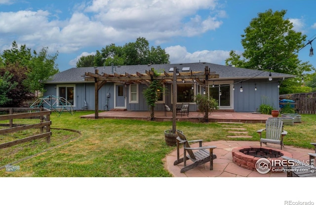419 Centennial Dr, Louisville, CO 80027 - back of house featuring an outdoor fire pit, board and batten siding, a wooden deck, and a pergola