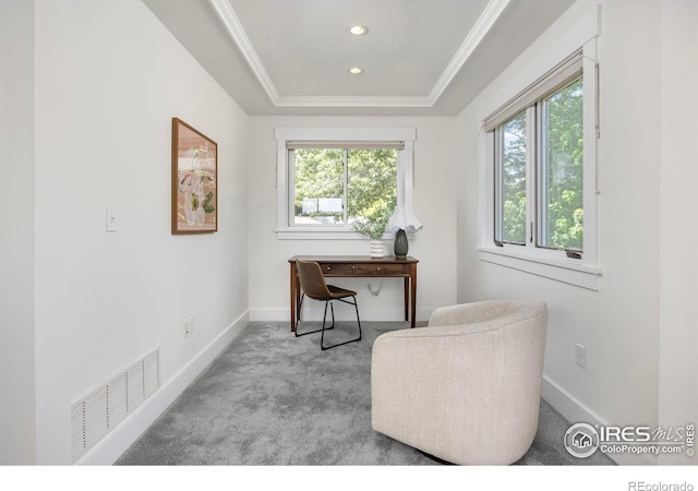 1260 Claremont Dr, Boulder, CO 80305 - carpeted office space featuring a tray ceiling, recessed lighting, and crown molding