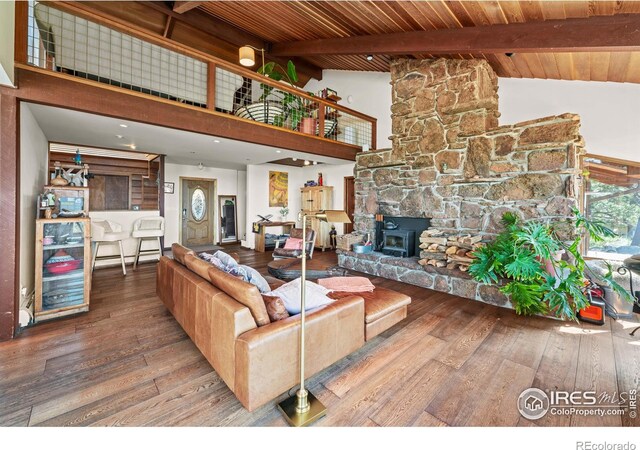 311 Sky Trail Rd, Boulder, CO 80302 - living room featuring hardwood / wood-style flooring, a wood ceiling with exposed beams, and high vaulted ceiling