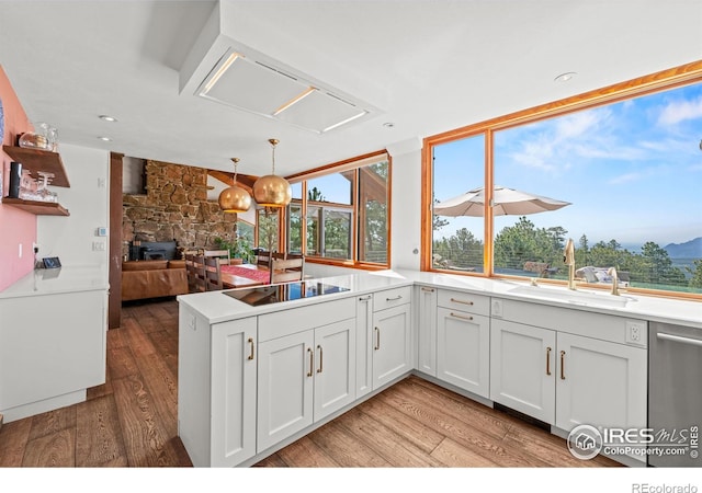 311 Sky Trail Rd, Boulder, CO 80302 - kitchen with black electric cooktop, a peninsula, light wood-style floors, open floor plan, and recessed lighting