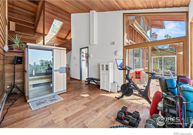 311 Sky Trail Rd, Boulder, CO 80302 - workout room featuring high vaulted ceiling, wooden ceiling, wood finished floors, and a skylight