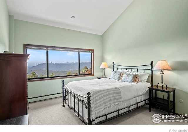 311 Sky Trail Rd, Boulder, CO 80302 - bedroom featuring carpet flooring, a baseboard heating unit, a mountain view, and vaulted ceiling