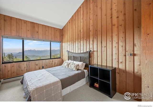 311 Sky Trail Rd, Boulder, CO 80302 - carpeted bedroom featuring wood walls and lofted ceiling