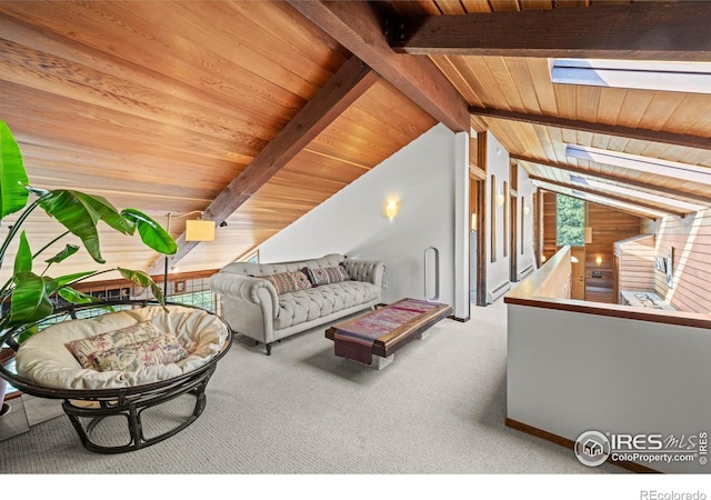 311 Sky Trail Rd, Boulder, CO 80302 - living area with wood ceiling, a skylight, and carpet
