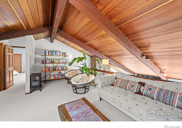 311 Sky Trail Rd, Boulder, CO 80302 - carpeted living area with a wood stove and wood ceiling