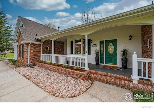 5986 Heather Way, Longmont, CO 80503 - entrance to property with covered porch, brick siding, and a shingled roof