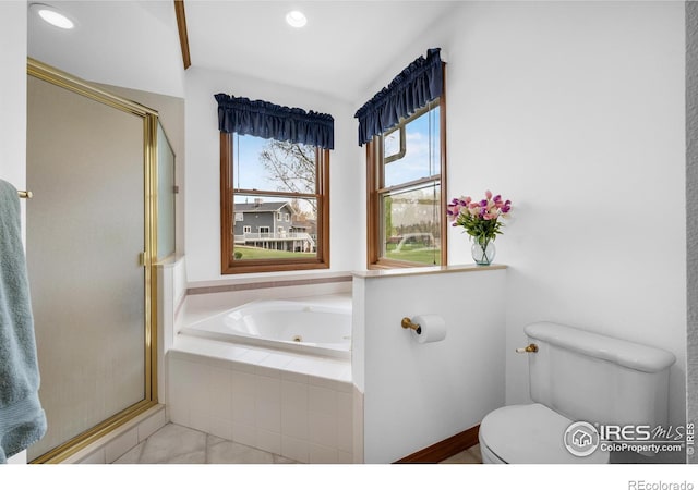 5986 Heather Way, Longmont, CO 80503 - full bathroom with a stall shower, a jetted tub, tile patterned flooring, and recessed lighting