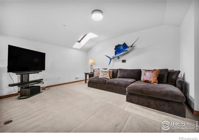 5986 Heather Way, Longmont, CO 80503 - living room with a skylight, lofted ceiling, and carpet floors