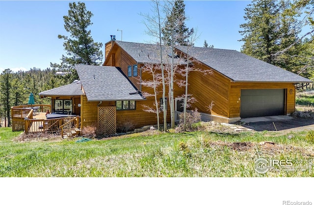 394 Deer Trail Cir, Boulder, CO 80302 - rustic home featuring an attached garage, a chimney, a wooden deck, and roof with shingles