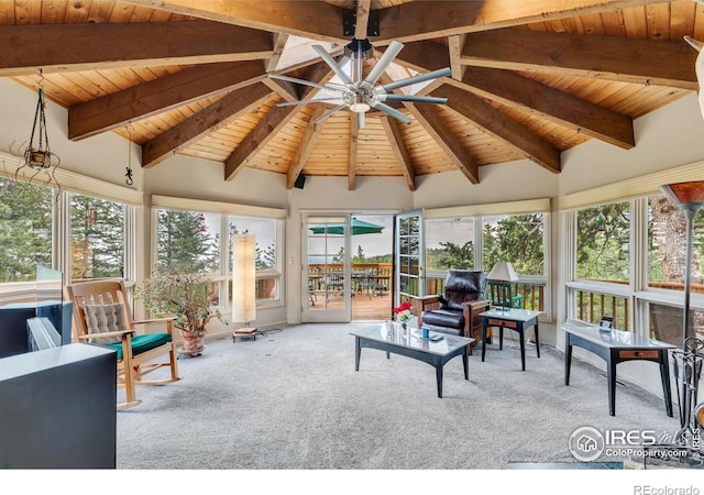394 Deer Trail Cir, Boulder, CO 80302 - sunroom with a wood ceiling with exposed beams, carpet flooring, plenty of natural light, and high vaulted ceiling