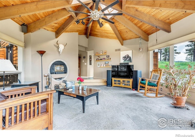 394 Deer Trail Cir, Boulder, CO 80302 - carpeted living area with a wooden ceiling with exposed beams, ceiling fan, and high vaulted ceiling