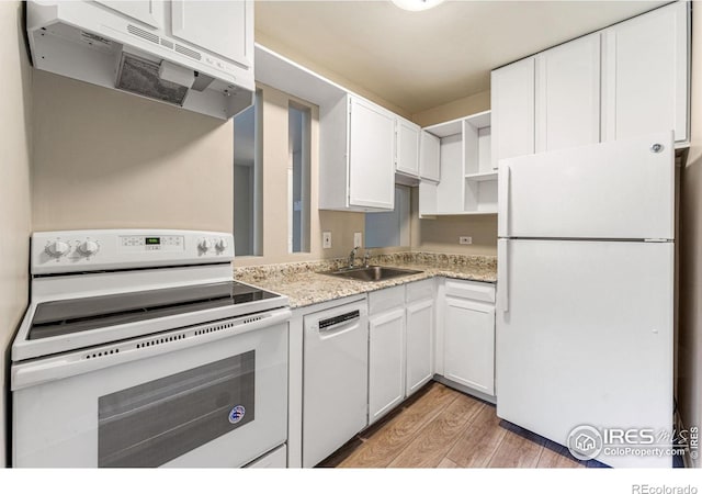 830 20th St Unit 203, Boulder, CO 80302 - kitchen featuring white appliances, under cabinet range hood, light wood-type flooring, white cabinets, and open shelves