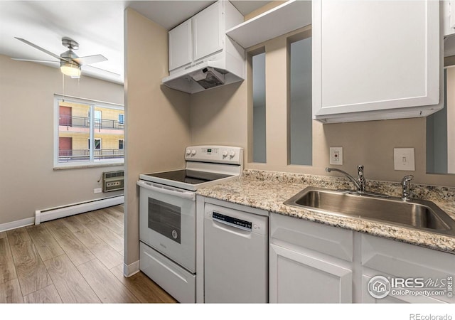 830 20th St Unit 203, Boulder, CO 80302 - kitchen featuring dishwasher, baseboard heating, white range with electric stovetop, under cabinet range hood, and a ceiling fan