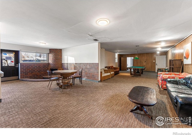 830 20th St Unit 203, Boulder, CO 80302 - living area with billiards, carpet flooring, wooden walls, and a wainscoted wall
