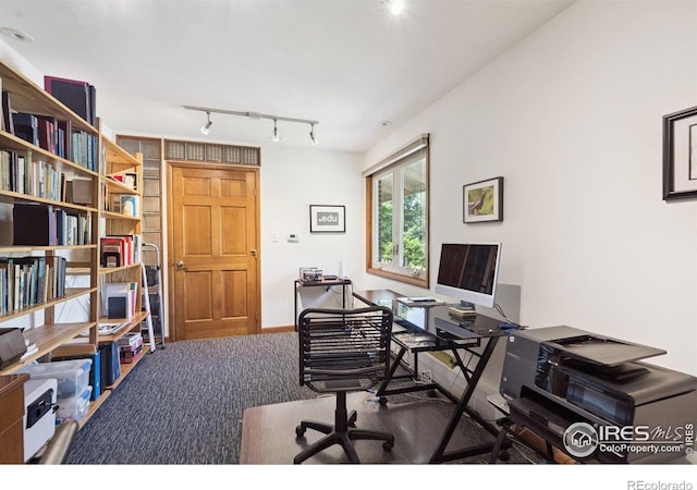 7290 Mount Sherman Rd, Longmont, CO 80503 - carpeted home office featuring rail lighting and baseboards