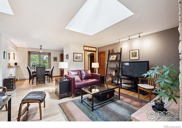 7290 Mount Sherman Rd, Longmont, CO 80503 - living room with a skylight, light wood-style floors, and track lighting