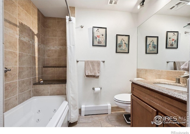 7290 Mount Sherman Rd, Longmont, CO 80503 - full bath featuring a baseboard radiator, vanity, and a combined bath / shower with jetted tub