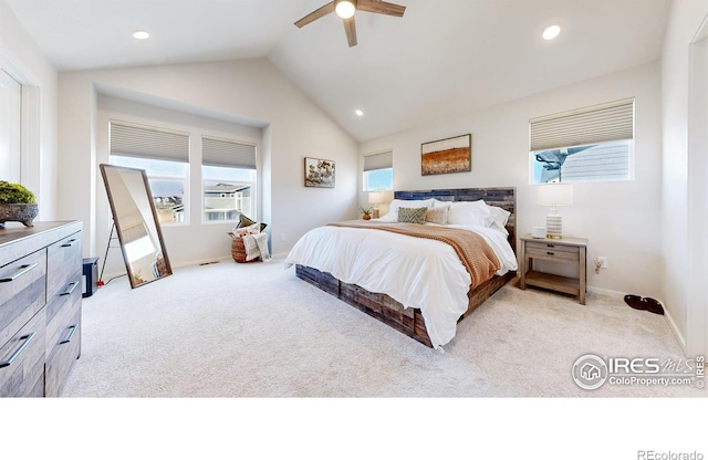 6013 Goodnight Ave, Timnath, CO 80547 - carpeted bedroom featuring vaulted ceiling, ceiling fan, and recessed lighting