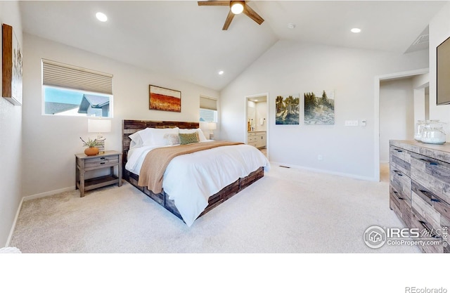 6013 Goodnight Ave, Timnath, CO 80547 - bedroom with light colored carpet, vaulted ceiling, a ceiling fan, recessed lighting, and connected bathroom