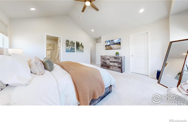 6013 Goodnight Ave, Timnath, CO 80547 - bedroom featuring recessed lighting, carpet floors, vaulted ceiling, a ceiling fan, and ensuite bath