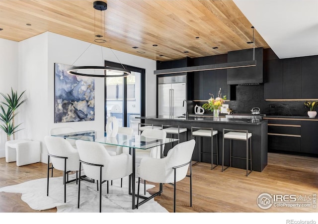 358 Arapahoe Ave Unit B, Boulder, CO 80302 - kitchen with dark cabinets, dark countertops, stainless steel built in fridge, wood ceiling, and light wood-style flooring