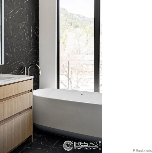 358 Arapahoe Ave Unit B, Boulder, CO 80302 - full bathroom with marble finish flooring, a freestanding tub, vanity, and healthy amount of natural light