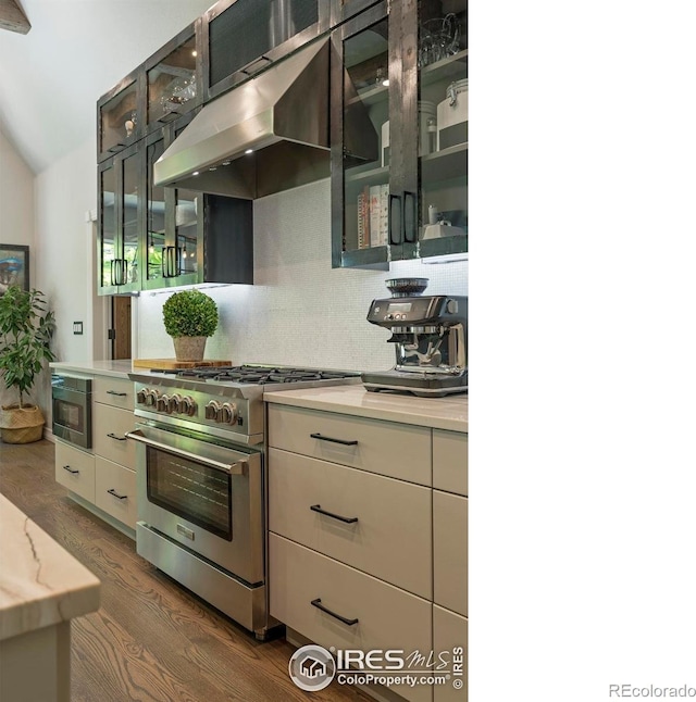 5575 Saint Vrain Rd, Longmont, CO 80503 - kitchen featuring high end stove, under cabinet range hood, dark wood-style flooring, light countertops, and lofted ceiling