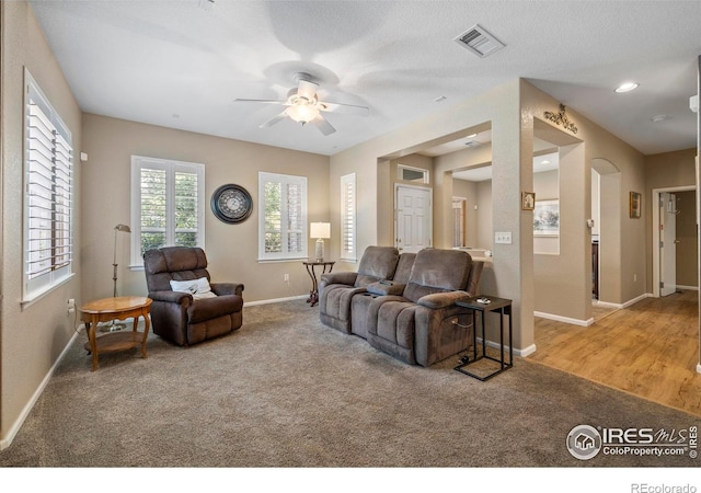 64 Whitehaven Cir, Highlands Ranch, CO 80129 - carpeted living room with a ceiling fan and recessed lighting