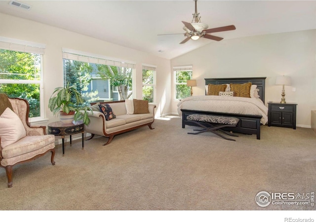 121 Osprey Ln, Lyons, CO 80540 - carpeted bedroom featuring lofted ceiling and ceiling fan