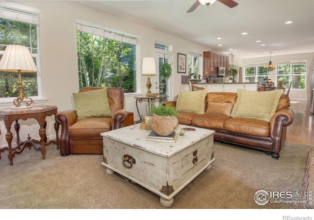 121 Osprey Ln, Lyons, CO 80540 - living area with recessed lighting, ceiling fan, and light carpet