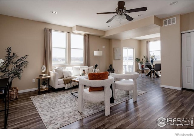 184 S 2nd Ave, Deer Trail, CO 80105 - living room featuring dark wood-style flooring, a ceiling fan, and recessed lighting