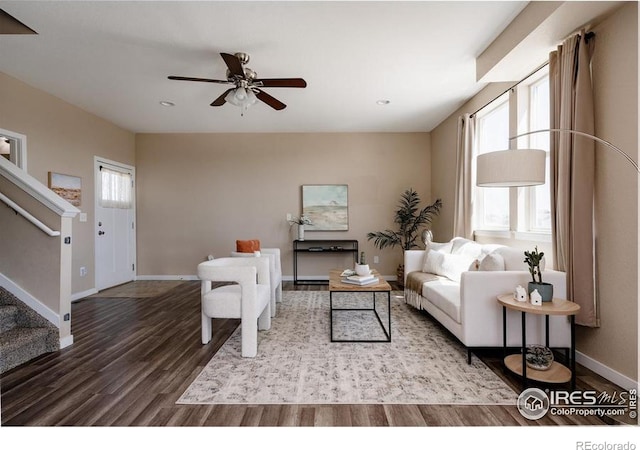 184 S 2nd Ave, Deer Trail, CO 80105 - living room featuring wood finished floors, stairway, a ceiling fan, and recessed lighting