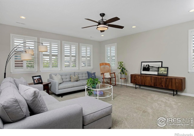 15958 Humboldt Peak Dr, Broomfield, CO 80023 - carpeted living room featuring ceiling fan and recessed lighting
