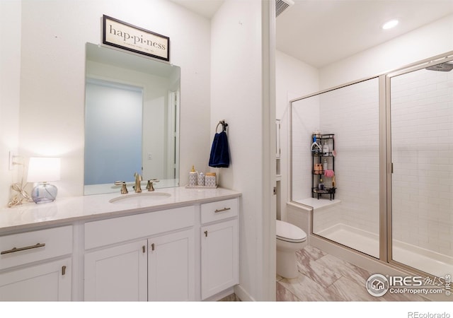 4918 Preserve Pl, Firestone, CO 80504 - full bath with a stall shower, vanity, and marble finish floors